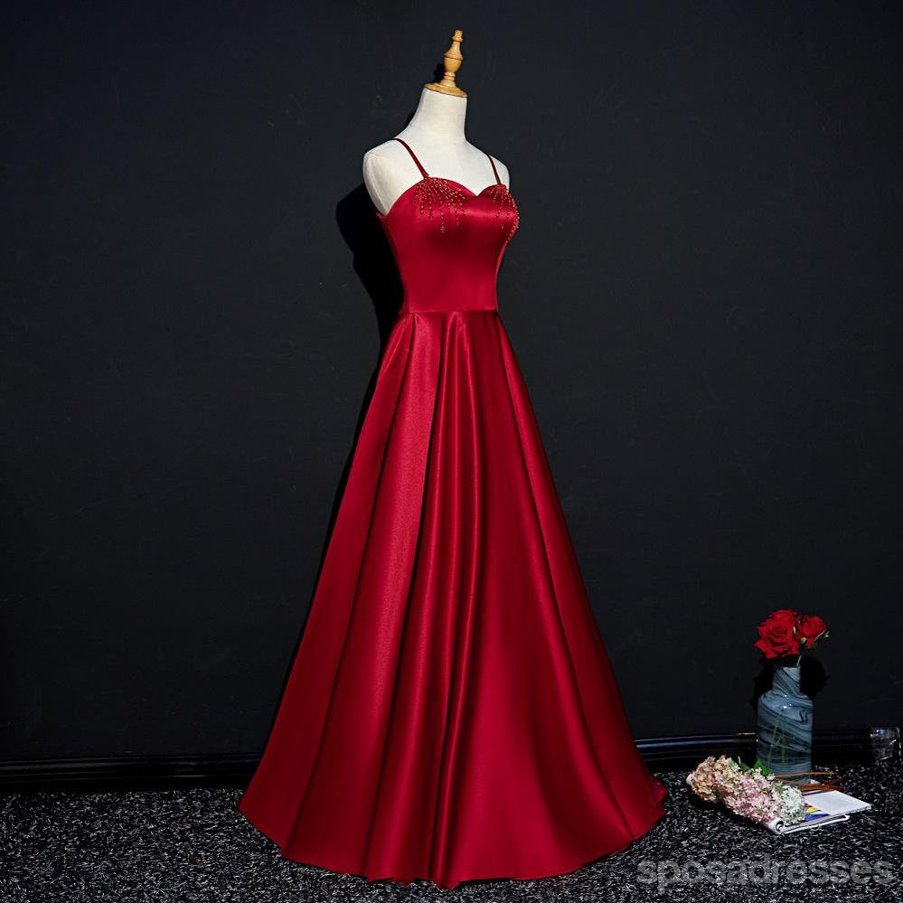 Simple Red A-line Spaghetti Straps V-neck Cheap Long Prom Dresses Online,12645