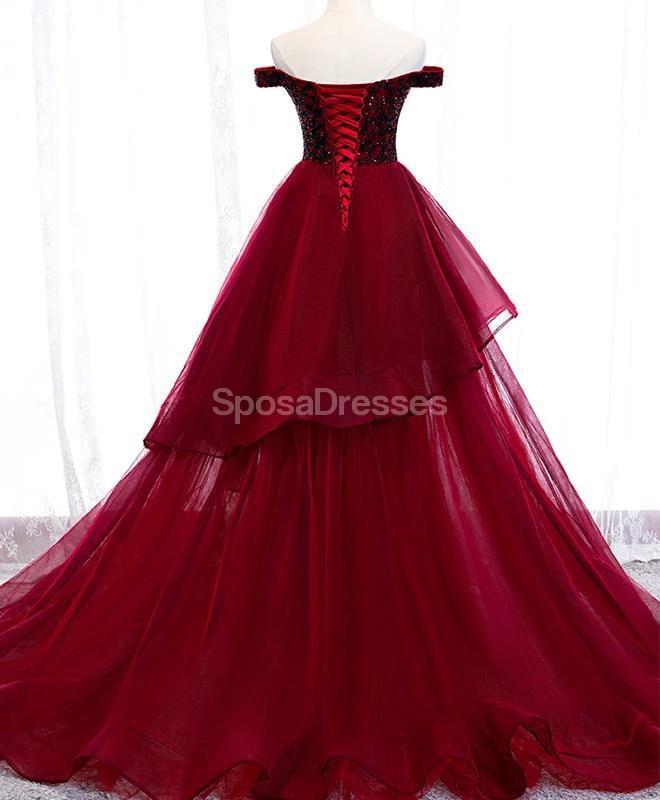 Dark Red Off Shoulder Ruffle Long Evening Prom Dresses, Evening Party Prom Dresses, 12217