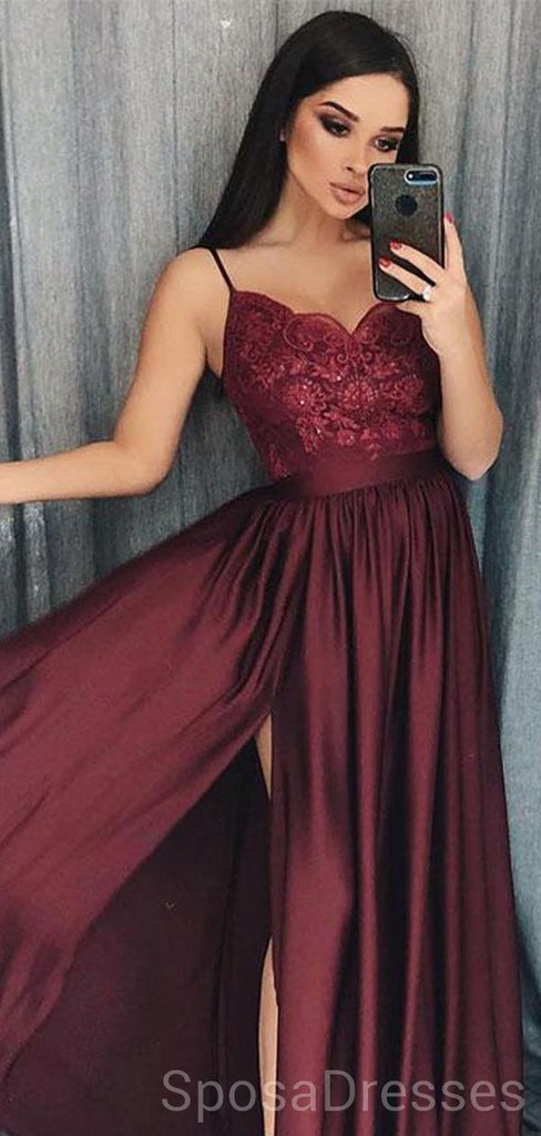 Maroon Spaghetti Straps Side Slit Long Evening Prom Dresses, Cheap Custom Sweet 16 Dresses, 18453