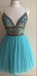 Turquoise Heavily Beaded Tulle Short Homecoming Prom Dresses, Homecoming Cocktail Dresses, CM360