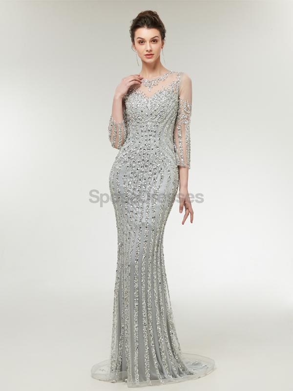 Long Sleeves Lace Beaded Mermaid Long Evening Prom Dresses, Evening Party Prom Dresses, 12003