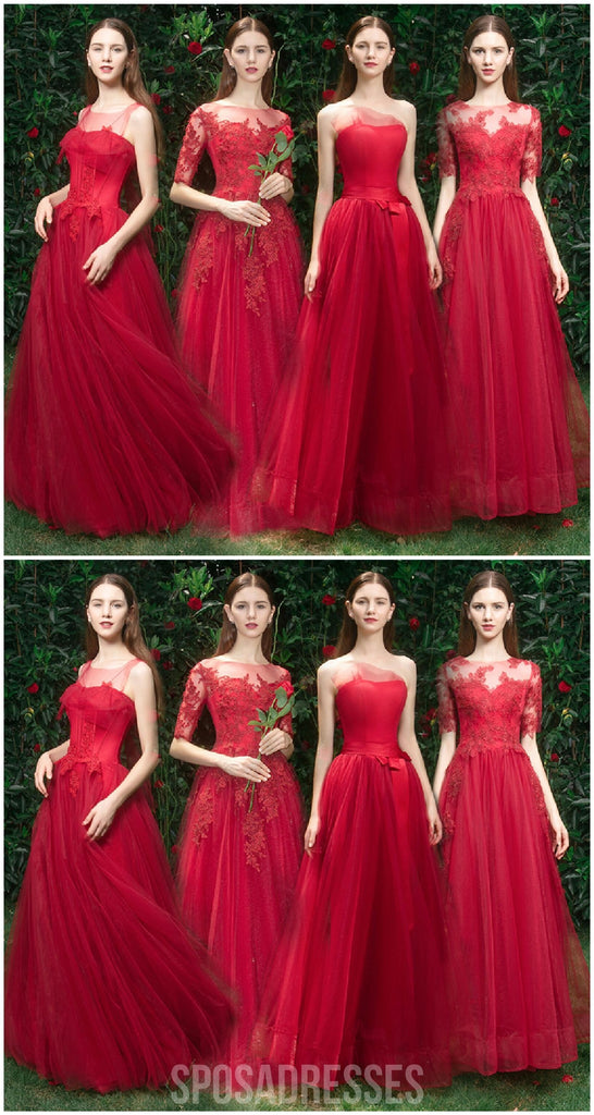 Vestidos de dama de honra baratos incompatíveis curtos com tule de renda vermelho brilhante, WG537