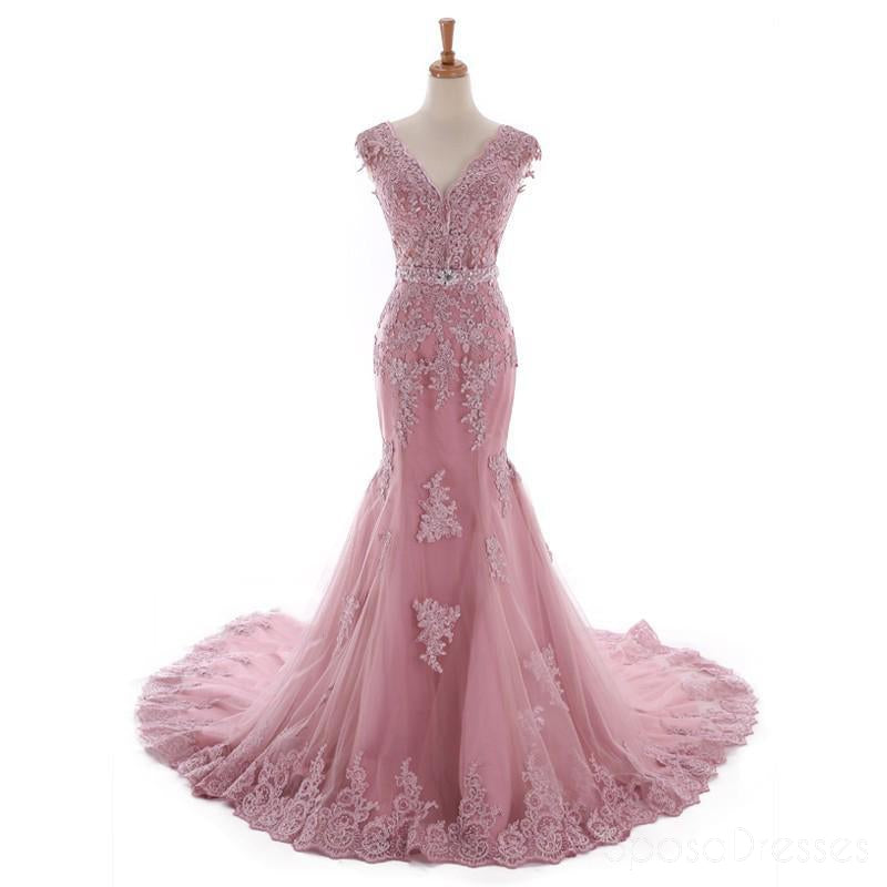 Sexy encaje sirena V escote polvoriento Rosa largo noche vestidos de baile, Popular barato largo 2018 fiesta vestidos de baile, 17226