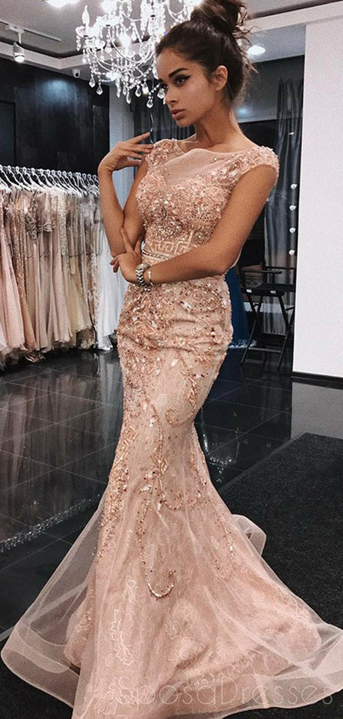 Peach Cap Sleeves Mermaid Strass Langen Abend Prom Kleider Prickelnde Sweet 16 Kleider, 18333