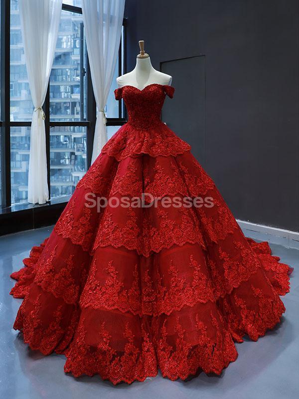 Off Shoulder Red Lace Long Evening Prom Dresses, Evening Party Prom Dresses, 12250