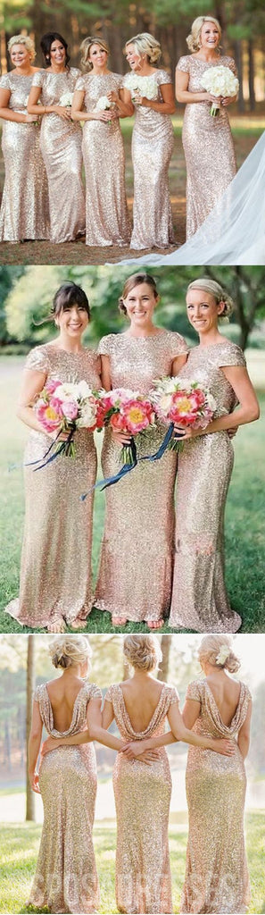 Gold Sequin Short Sleeve Mermaid Long Bridesmaid Dresses, BD001