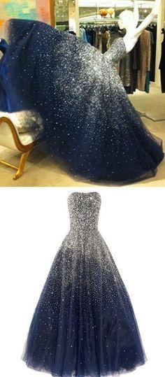 Strapless Navy Sparkly A-line Long Evening Prom Dresses, Cheap Custom Sweet 16 Dresses, 18544