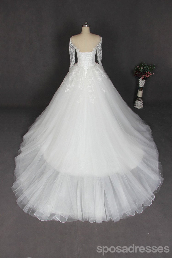 Cadarço de manga longo de vestidos de casamento de tule de ombro, vestido de casamento longo feito alfandegário, vestidos de casamento baratos, WD201