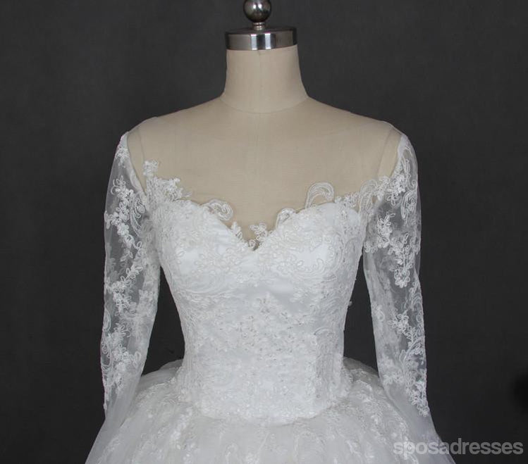 Cadarço de manga longo de vestidos de casamento de tule de ombro, vestido de casamento longo feito alfandegário, vestidos de casamento baratos, WD201