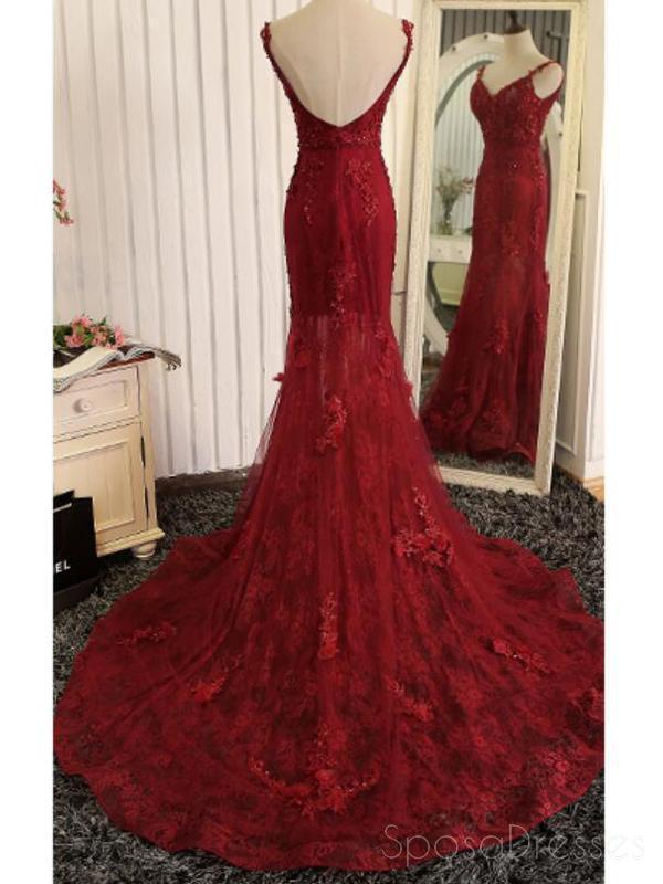 Red Lace Mermaid V-neck Cheap Long Evening Prom Dresses, Evening Party Prom Dresses, 18643