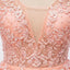 Sexy Backless V Neckline Lace A line Peach Long Evening Prom Dresses, Popular Cheap Long 2018 Party Prom Dresses, 17227