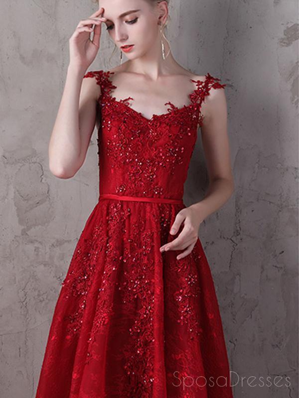 Lace Straps Dark Red A-line V-neck Cheap Long Evening Prom Dresses, Evening Party Prom Dresses, 18645