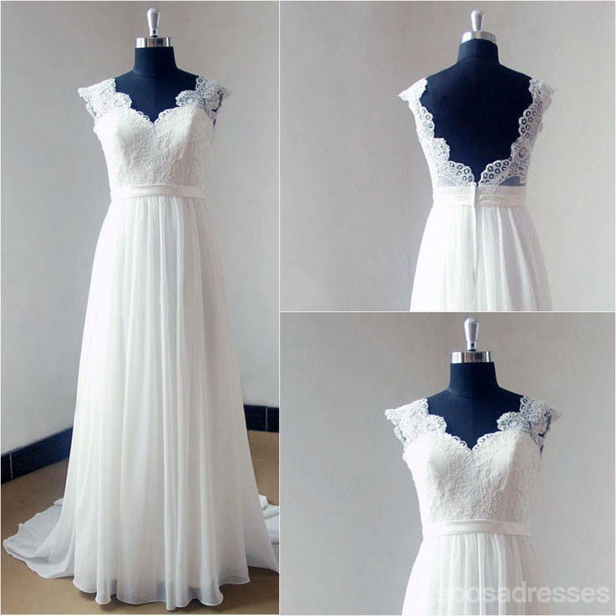 Καπέλο μανίκι V Neck Lace Simple Cheap Beach Wedding Dresses, WD321