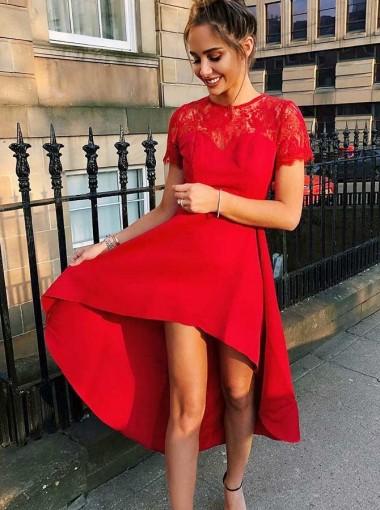 High Neck Red Kurze Ärmel Hoch Low Günstig Short Homecoming Dresses Online, CM618