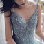 Dusty Blue V Neck Spaghetti Riemen Spitze Perlen Billig Abend Prom Dresses, Abend Party Prom Dresses, 12170