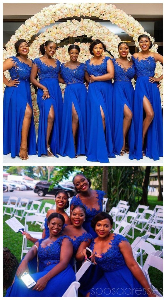 Royal Blue Cap Sleevess Side Slit Floor Length Cheap Bridesmaid Dresses, WG528