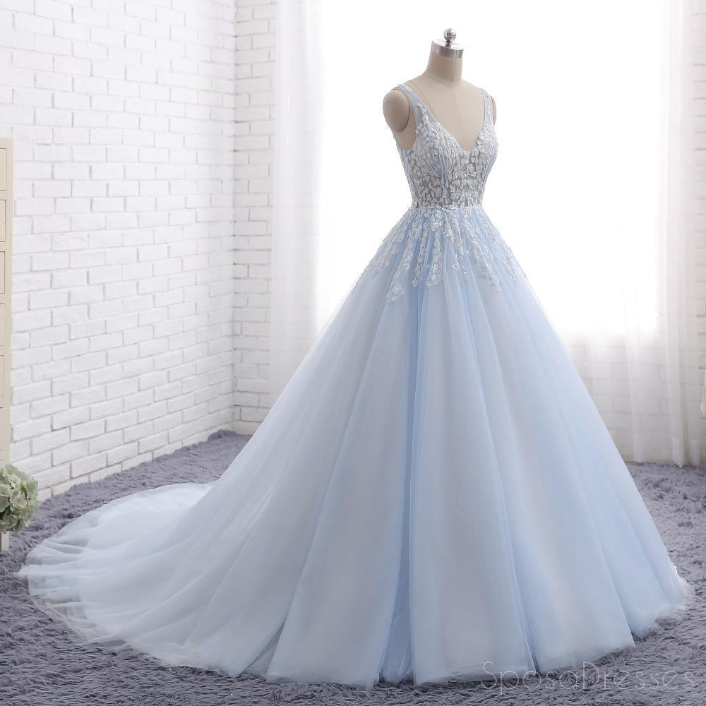 Pale Blue V Neckline A line Tulle Lace Beaded Evening Prom Dresses, Popular Sweet 16 Party Prom Dresses, Custom Long Prom Dresses, Cheap Formal Prom Dresses, 17171