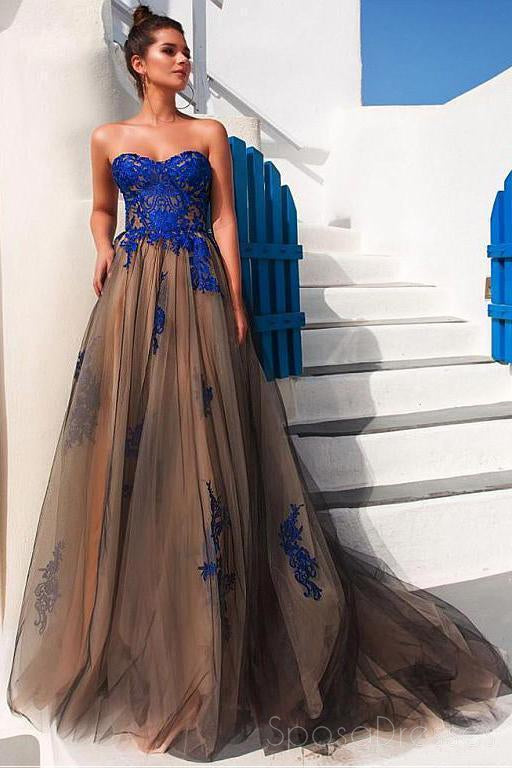 Sweetheart Royal Blue Lace A line Long Evening Prom Dresses, 17478