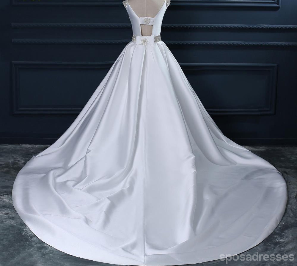 Encolure de Pelle Blanche dos nu Large ceinture Perlée Des Robes de Noce de Mariage de ligne, des Robes de Noce de Mariage Faites Personnalisées Abordables, WD261