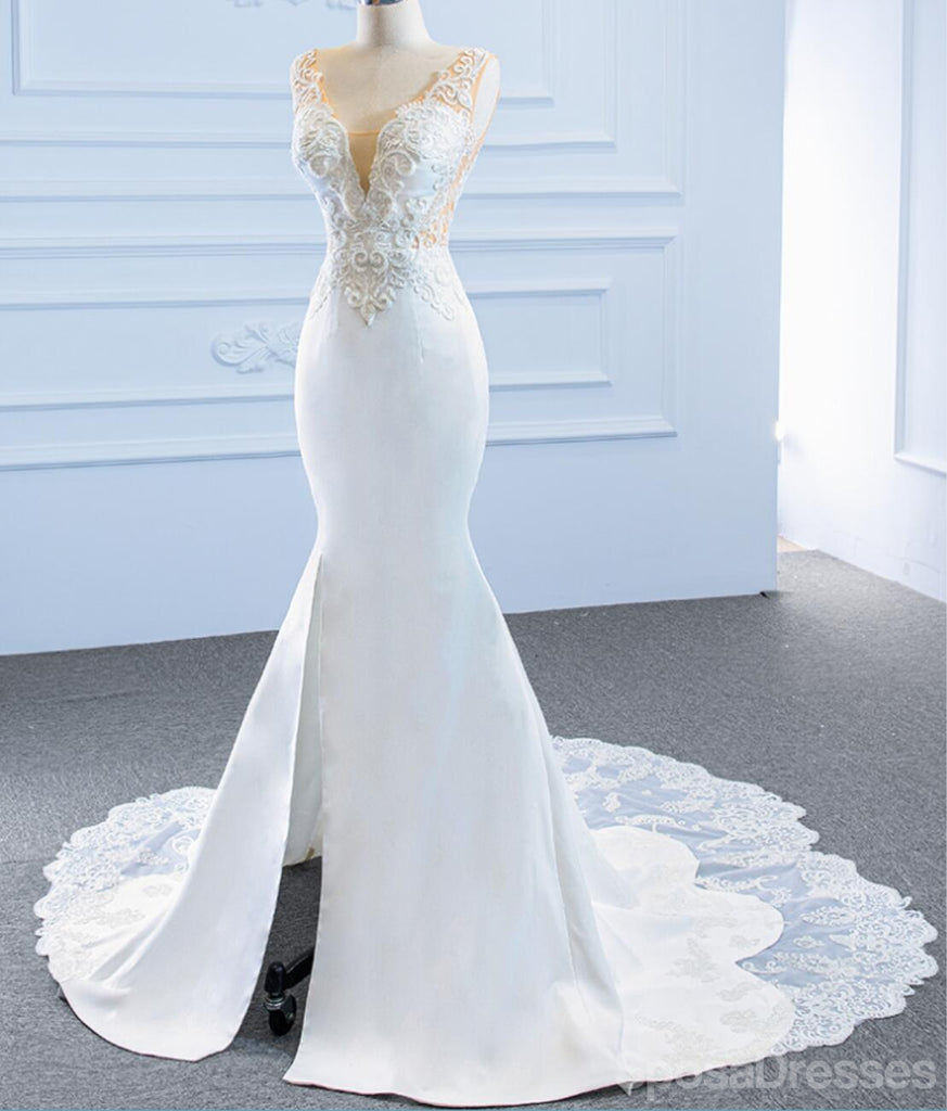 V Neck Side Slit Lace Mermaid Wedding Dresses, Cheap Wedding Gown, WD723