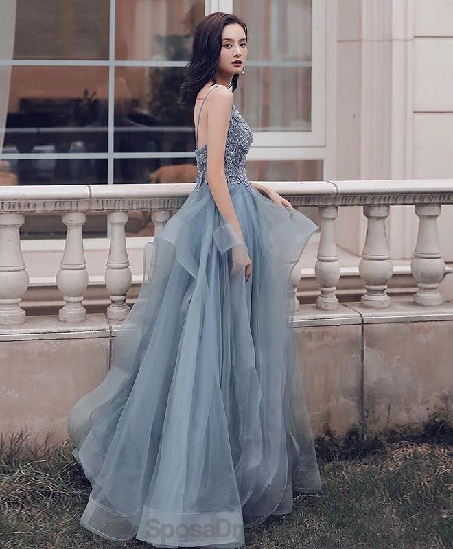 Dusty Blue V Neck Spaghetti Riemen Spitze Perlen Billig Abend Prom Dresses, Abend Party Prom Dresses, 12170