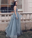 Dusty Blue V Neck Spaghetti Riemen Spitze Perlen Billig Abend Prom Dresses, Abend Party Prom Dresses, 12170