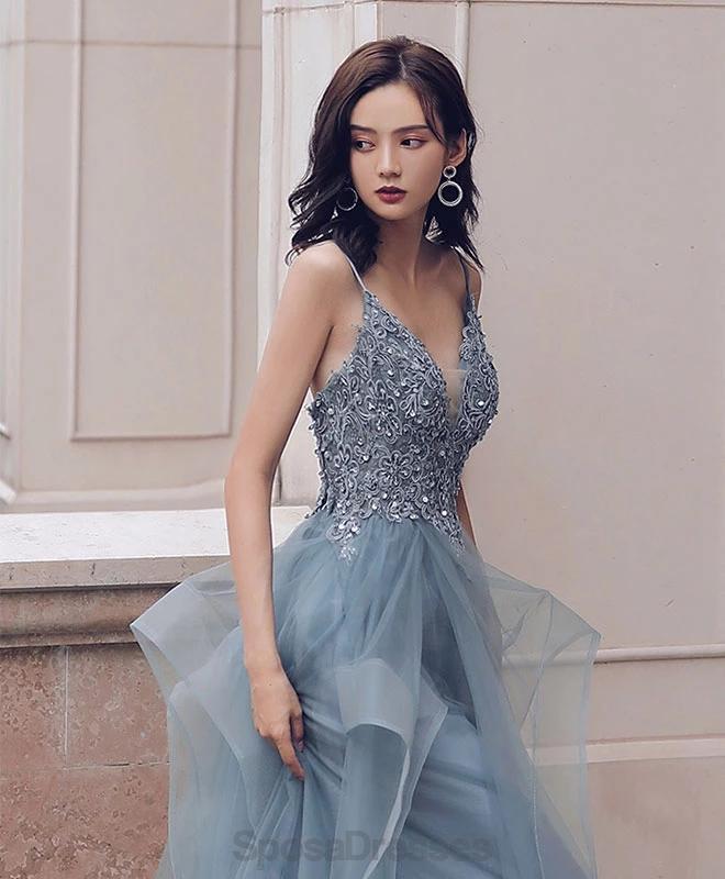 Dusty Blue V Neck Spaghetti Riemen Spitze Perlen Billig Abend Prom Dresses, Abend Party Prom Dresses, 12170