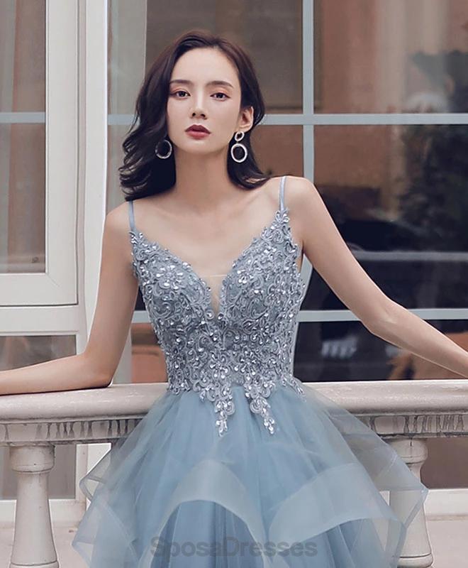 Dusty Blue V Neck Spaghetti Riemen Spitze Perlen Billig Abend Prom Dresses, Abend Party Prom Dresses, 12170