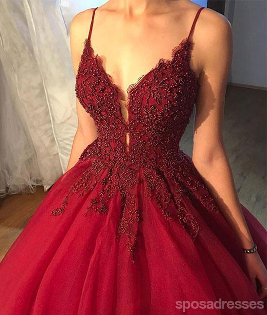 Dark Red A line Lace Beaded V Neckline Long Evening Prom Dresses, Long Party Prom Dresses, 17274