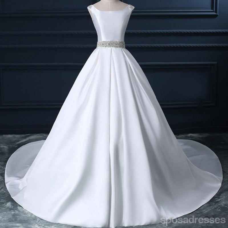 Encolure de Pelle Blanche dos nu Large ceinture Perlée Des Robes de Noce de Mariage de ligne, des Robes de Noce de Mariage Faites Personnalisées Abordables, WD261