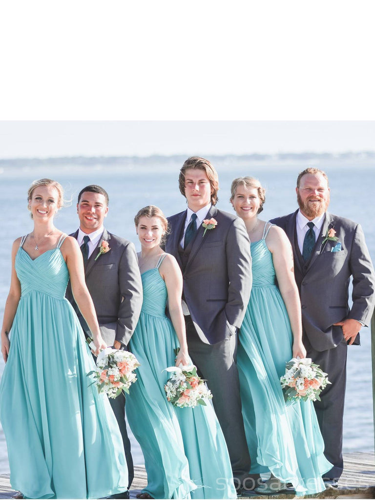 Tiffany Blue Straps Chiffon Custom Cheap Long Bridesmaid Dresses, WG241