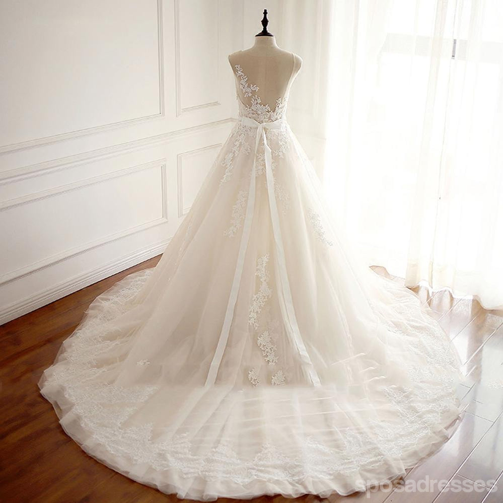 Sexy See Through Lace Beaded Scoop Neckline A line Wedding Bridal Dresses, Affordable Custom Made Wedding Bridal Dresses, WD263