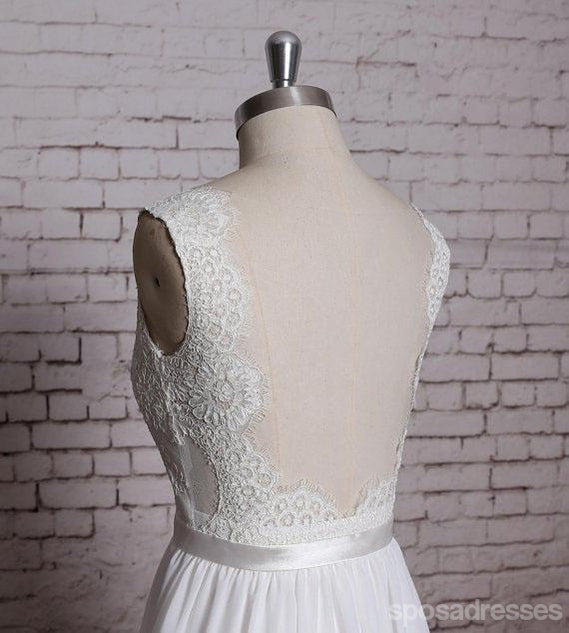 Robes de mariée pas cher en dentelle simple col en V en ligne, WD384