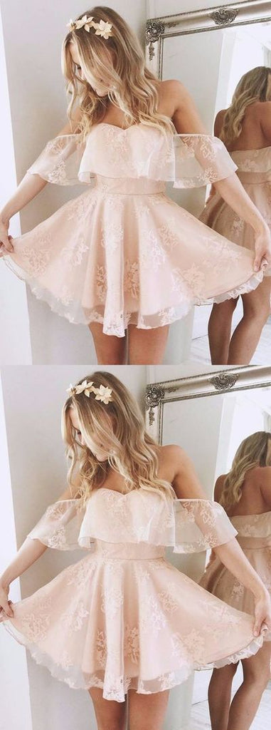 Vestidos de fiesta cortos de encaje con hombros descubiertos lindos en línea, CM540