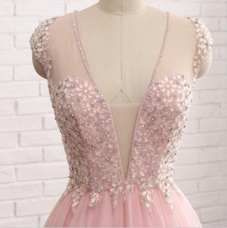 Sexy See Through Deep V Neckline Blush Pink Evening Prom Dresses, Popular Beaded Party Prom Dress, Custom Long Prom Dresses, Cheap Formal Prom Dresses, 17152