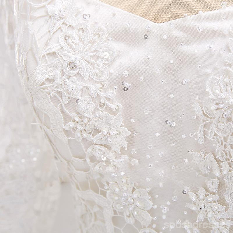 Long Sleeve Lace Beaded See Through A line Wedding Bridal Dresses, Affordable Custom Made Wedding Bridal Dresses, WD264