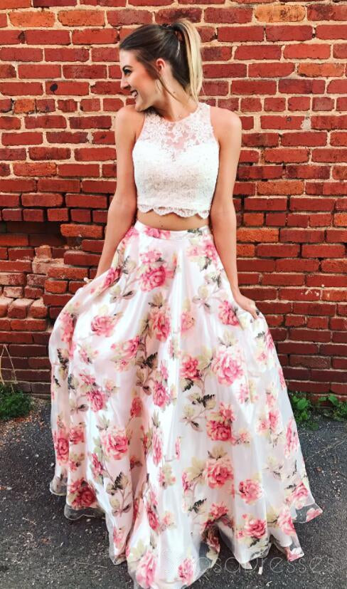 Two Pieces Lace Bodice Printed Flower Skirt Long Evening Prom Dresses, 17576