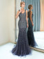 V Neck Sparkly Navy Strassstone Perled Mermaid Evening Prom Dresses, Evening Party Prom Dresses, 12037