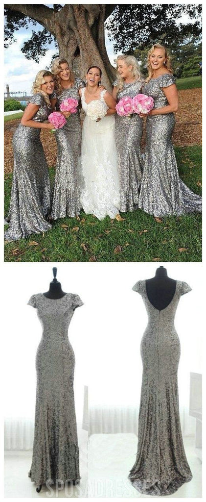 Brillant Populaire pas Cher Manche Courte Bling Argent Paillettes Longue Sexy Sirène robes de Demoiselle d'honneur, WG46