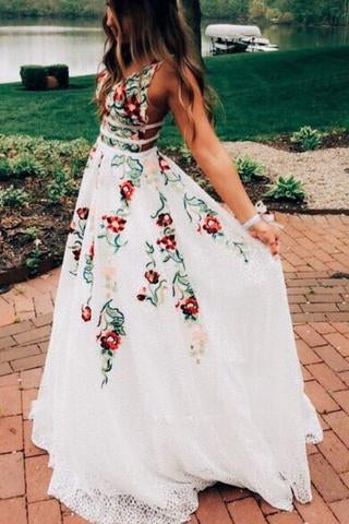 V Neck White Embroidery Long Evening Prom Dresses, Cheap Custom Sweet 16 Dresses, 18458