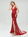 Maroon Lace Side Slit Deep V Neckline Mermaid Long Evening Prom Dresses, 17531