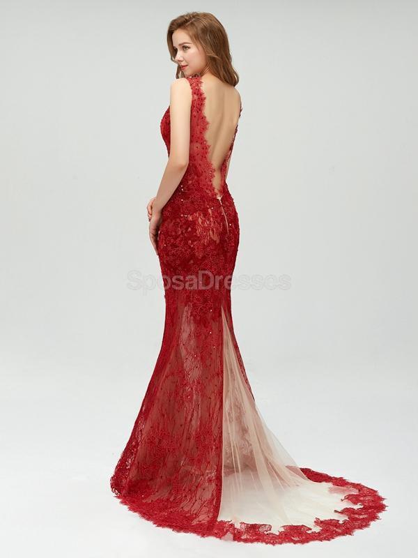 Maroon Lace Side Slit Deep V Neckline Mermaid Long Evening Prom Dresses, 17531