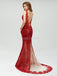 Maroon Lace Side Slit Deep V Neckline Mermaid Long Evening Prom Dresses, 17531