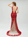 Sexy Backless Maroon Lace Side Slit Deep V Neckline Mermaid Long Evening Prom Dresses, 17531