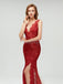 Maroon Lace Side Slit Deep V Neckline Mermaid Long Evening Prom Dresses, 17531