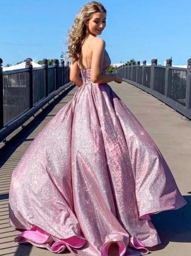 Pink A-line Spaghetti Straps V-neck Long Party Prom Dresses, Dance Dresses,12551