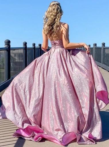 Pink A-line Spaghetti Straps V-neck Long Party Prom Dresses, Dance Dresses,12551