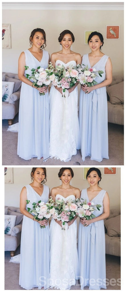 V Neck Blue Chiffon Cheap Long Cheap Bridesmaid Dresses Online, WG673