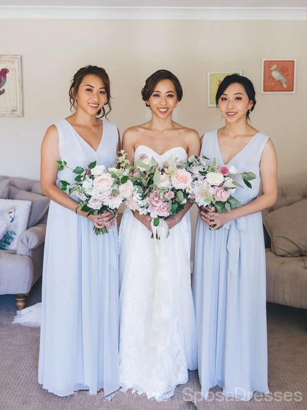 V Neck Blue Chiffon Cheap Long Cheap Bridesmaid Dresses Online, WG673