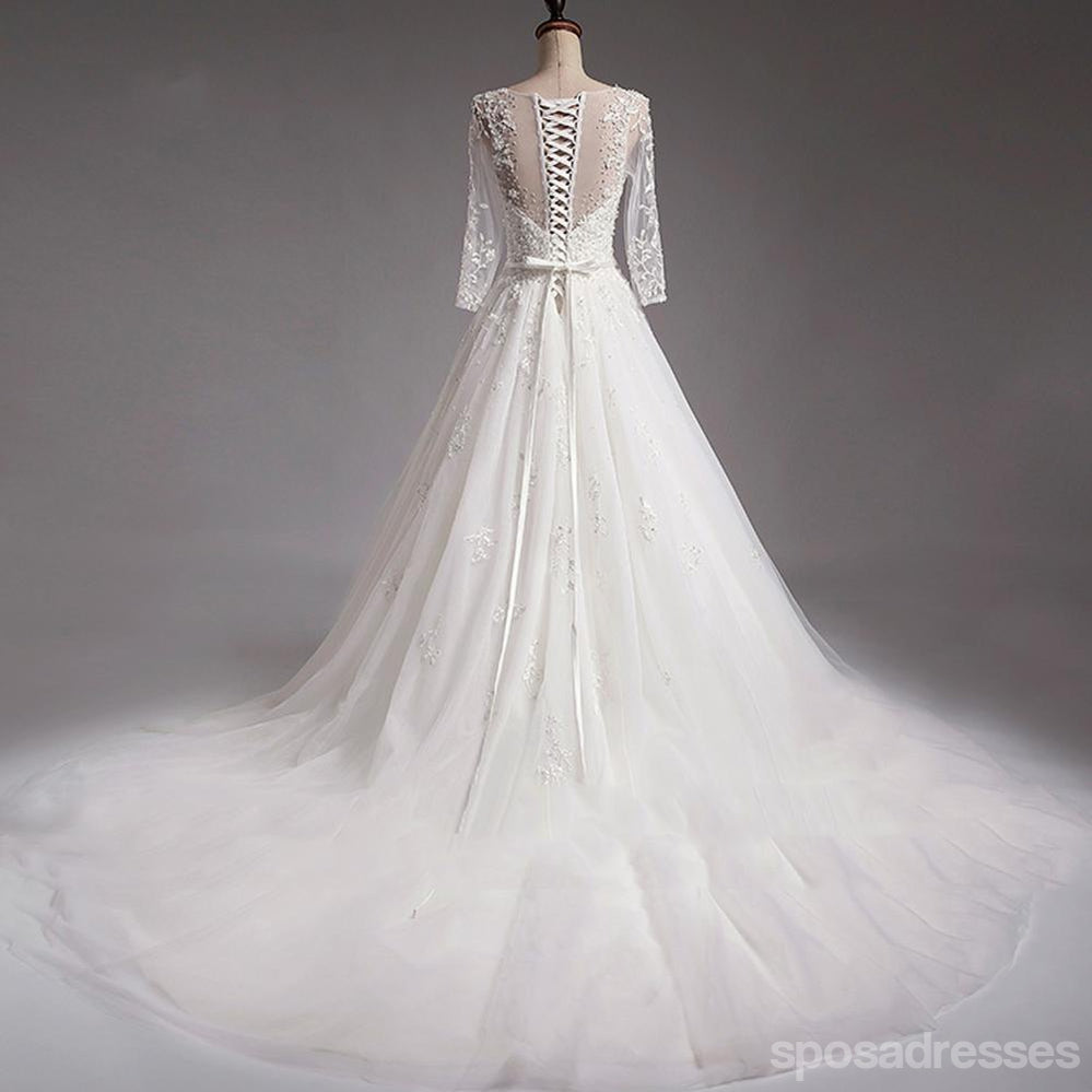 Sexy voir à travers les manches longues en dentelle une ligne robes de mariée de mariage, robes de mariée de mariage sur mesure abordables, WD266